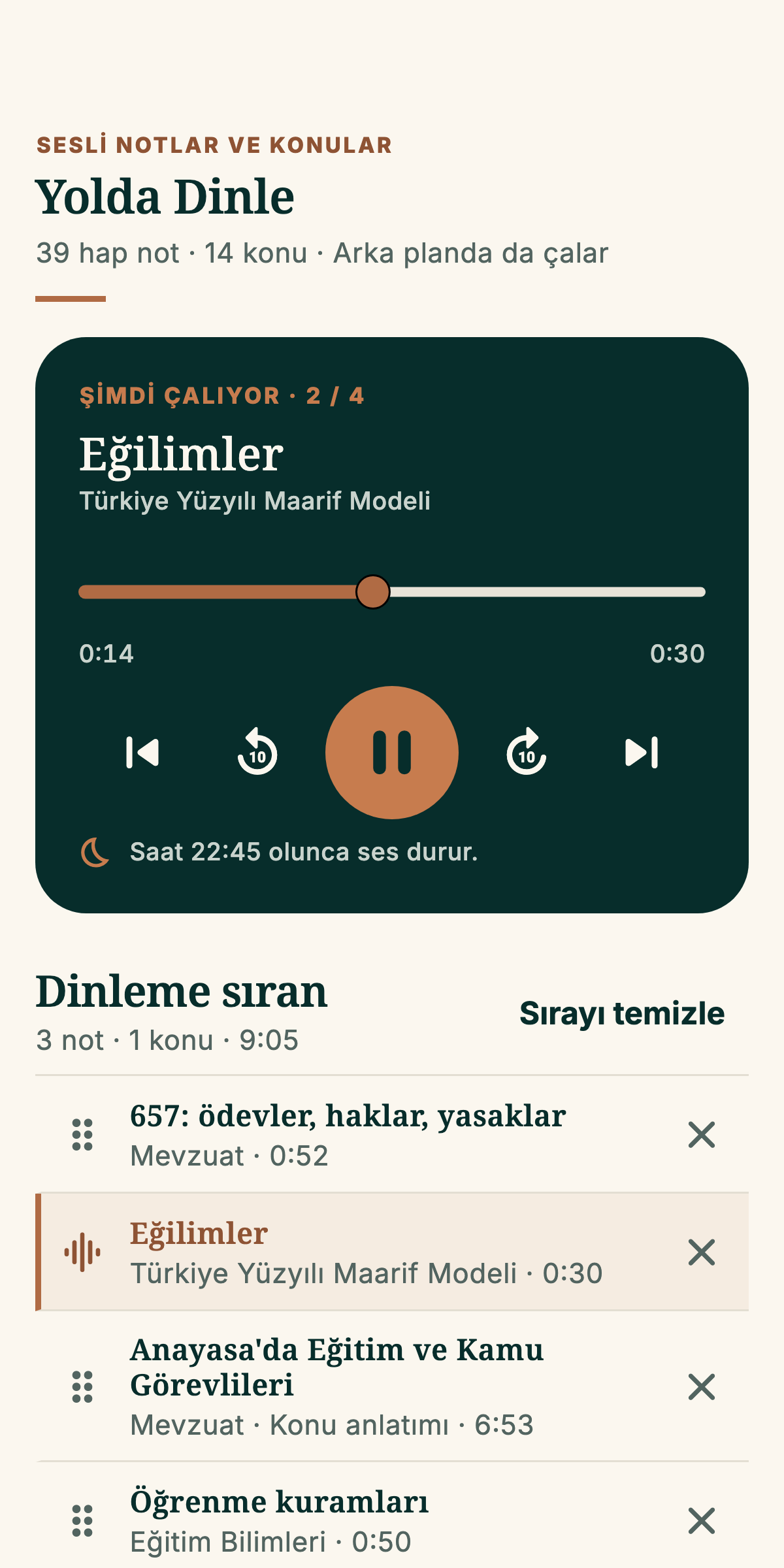 EKYS 2027 Yolda Dinle, çalan hap not, dinleme sırası ve uyku zamanlayıcısı, telefon görünümü